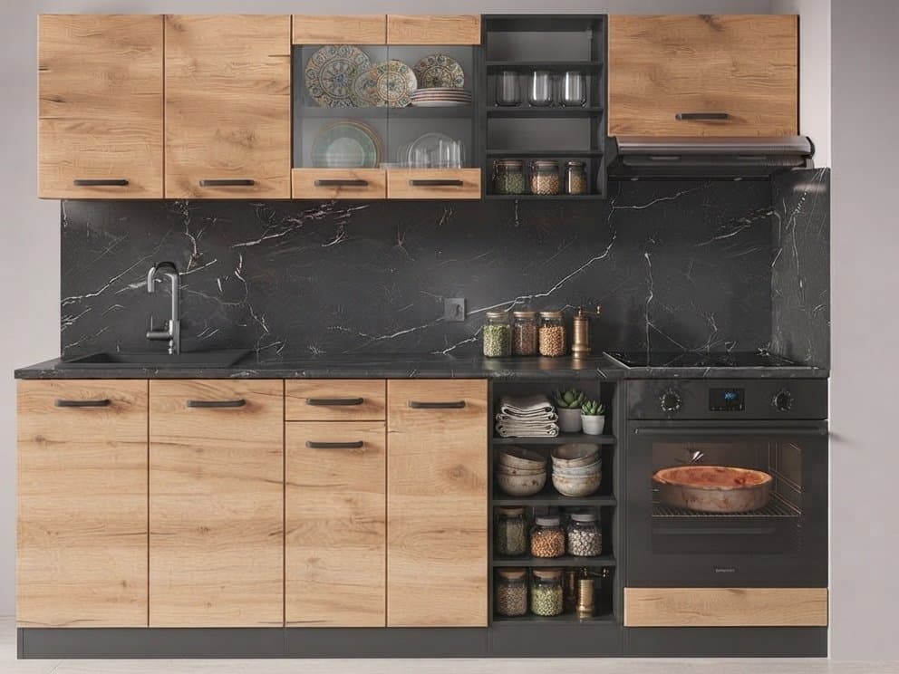 Keuken Manja: 200 cm modulair keukenblok met eiken-look fronten, antraciete kasten en zwart marmerlook werkblad