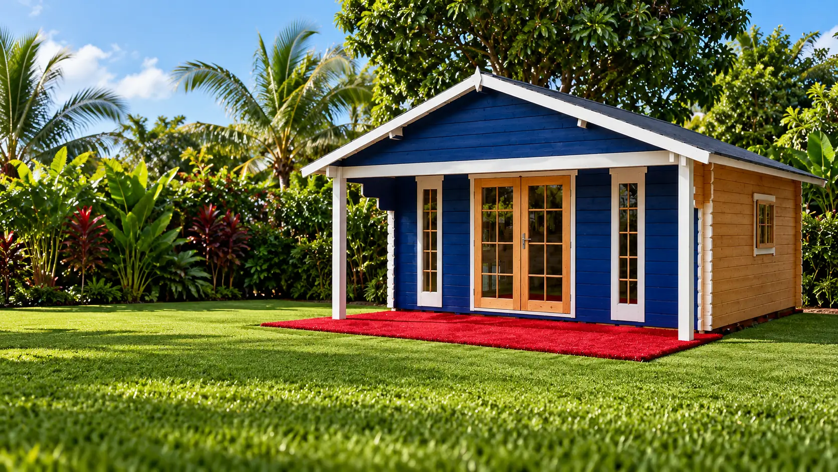 Blauwe houten woning op een rode kunstgrasmat in een tuin in Paramaribo – Caribbean A.T.O.