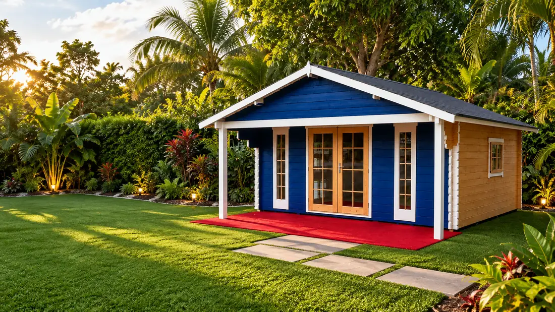 Blue wooden house on a red mat and green artificial grass at sunset