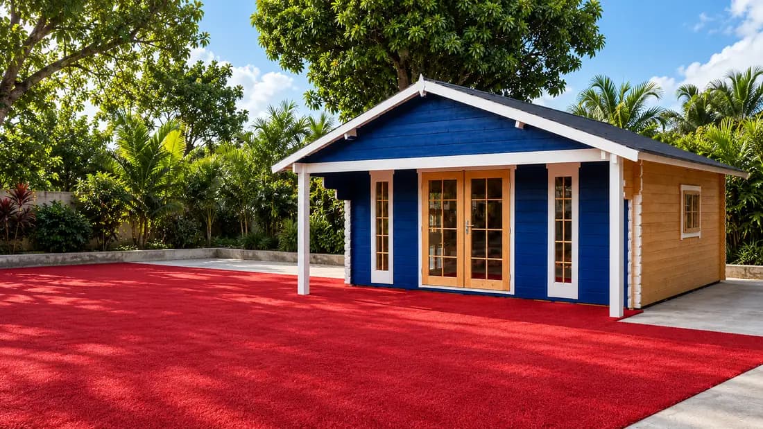 Blauwe houten woning op een rode kunstgrasmat – Caribbean A.T.O. Paramaribo